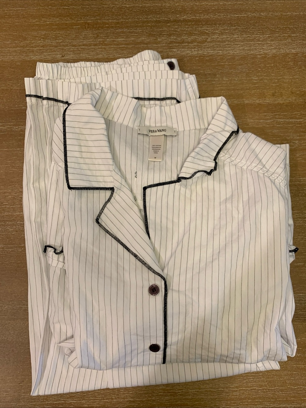 Vera Wang White Pinstripe Pajama Set with Black Trim